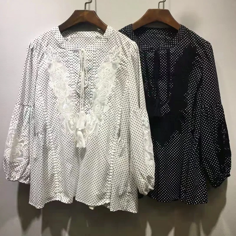 High Quality Designer Blouse 2022 Spring Summer Style Tops Women Polka Dot Print Lace Embroidery Patchwork Casual Loose Tops XL