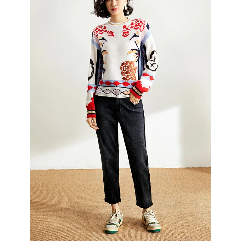 2019 Winter Wool Blend Sweater Loose Jumper Women O-neck Flower Swallow Appliques Embroidery Knitted Ladies Pullovers | Женская одежда