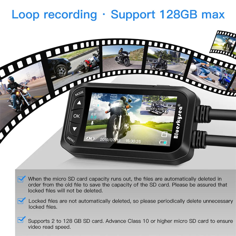 Мотоциклетный видеорегистратор Blueskysea DV128 HD 1080P с двумя объективами 130 циклическая