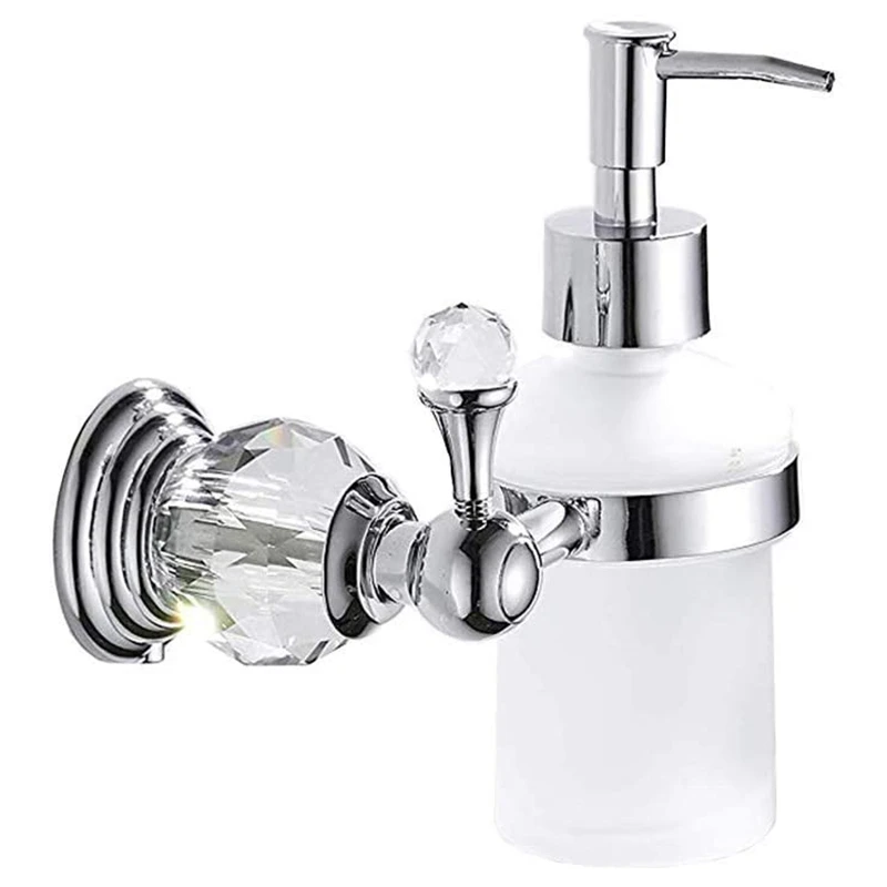 

Shiny Silver Crystal Soap Dispenser Wall Mounted Brass Liquid Soap Saver Glass bottle Hand Sanitizer Dispenser bathroom fixture