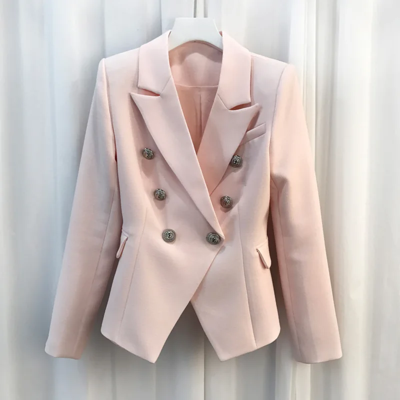 

2021 Star Silver Metal Button Double Breasted Slim Pink Suit Coat