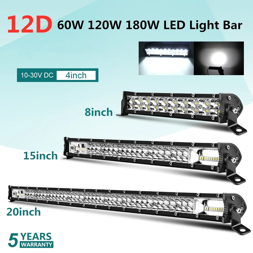 8" 15" 20" 12D Slim LED Light Bar Double Row 60W 120W 180W 4x4 Led Bar For Car Lada Tractors SUV ATV Off Road LED Work Light