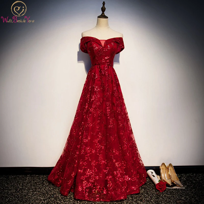 

Walk Beside You Burgundy Evening Dresses 2020 Long Sequined Bling Off Shoulder Sweetheart A Line Floor Length Prom Gowns Stock