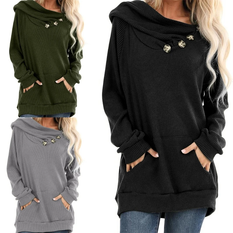 

Womens Long Sleeve Button Cowl Neck Hoodies Solid Color Oversized Loose Sweatshirt Kangaroo Pocket Autumn Tunic Tops S-2XL