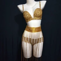 shining bright tassel rhinestone bra shorts belt 3 pcs set bikini drag queen outfit bling stage women nightclub dance wear