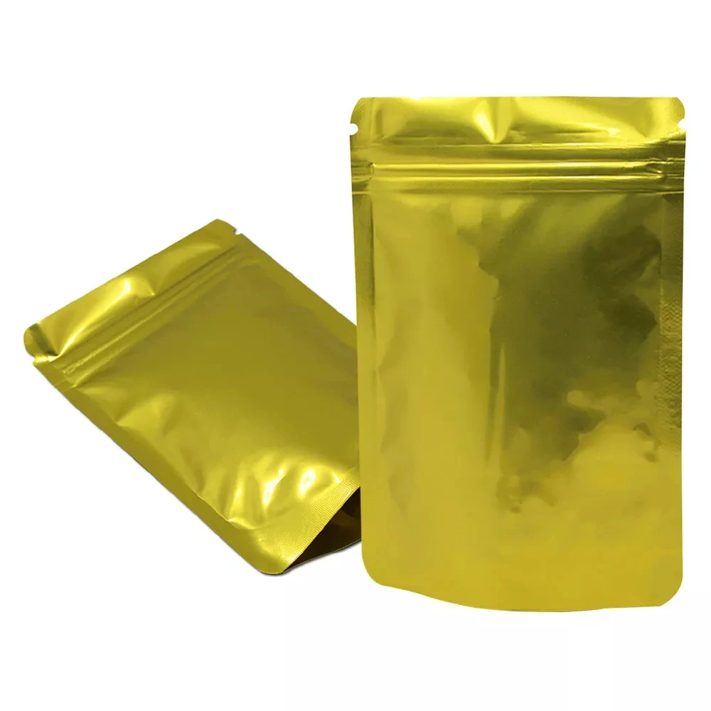 

100Pcs/Lot Glossy Gold Zip Lock Mylar Foil Bag Stand Up Doypack Tear Notch Resealable Recloable Pouches for Food Snack Tea Pack