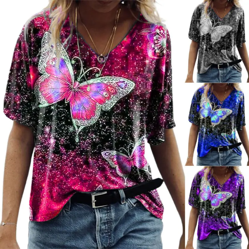 

Cofekate Women T Shirts V-Neck Short Sleeve Butterfly Print T-shirt Summer Casual Loose Tunic Casual Tops Woman Tshirts