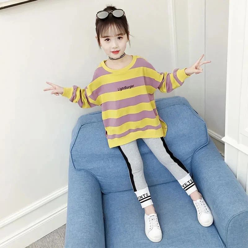

2021 Autumn teenager girls Clothing Stripe Hoodie tracksuit Sweater Shirts + Sport leggings pants 4 5 6 7 8 9 10 11 12 13 Years