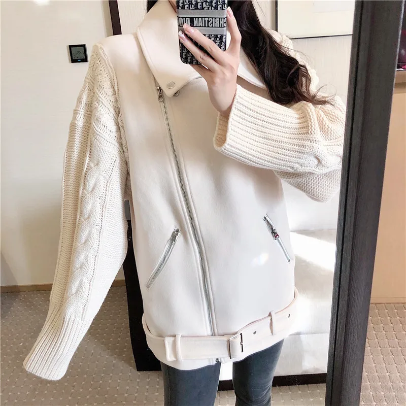

Lanlin knitted splicing top women's autumn 2020 new Korean loose and versatile short woolen coat autumn