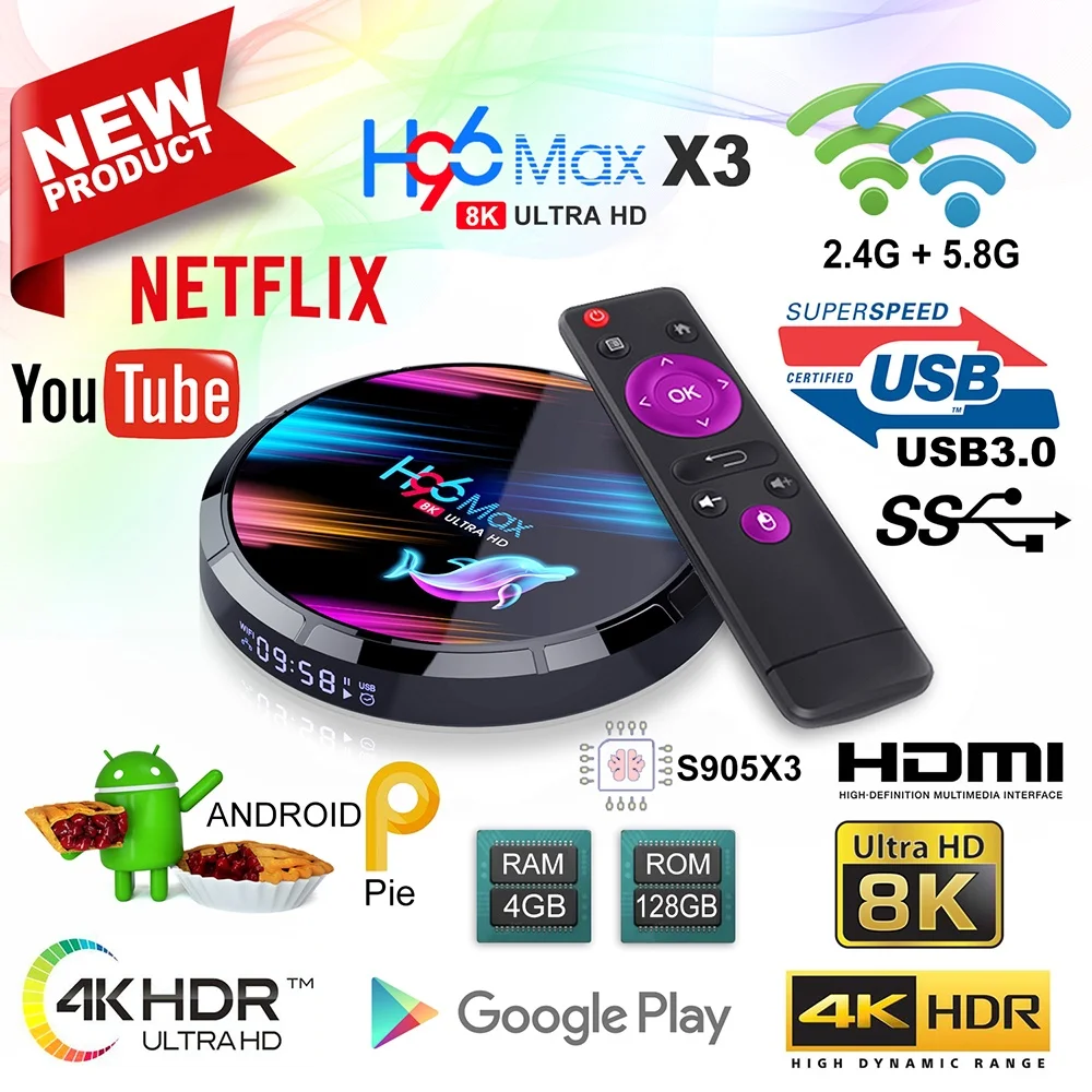 H96 MAX X3 Смарт ТВ коробка Android 9 0 Оперативная память 4 Гб Встроенная 32GB/64GB/128GB/8GB/Amlogic