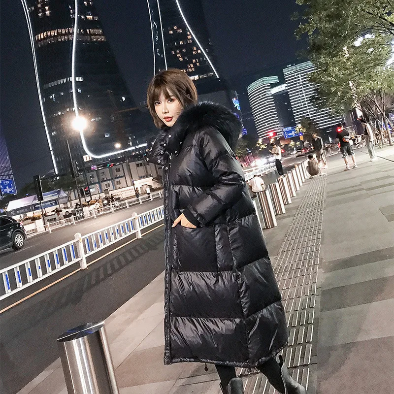 Женское длинное пуховое пальто свободная теплая пуховая куртка с капюшоном из