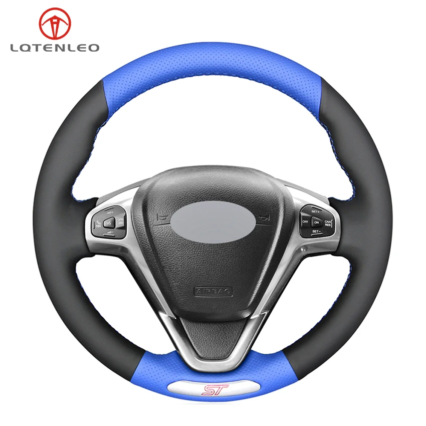 

LQTENLEO Black Blue Genuine Leather DIY Hand-stitched Car Steering Wheel Cover For Ford Fiesta ST 2013 2014 2015 2016 2017 2018