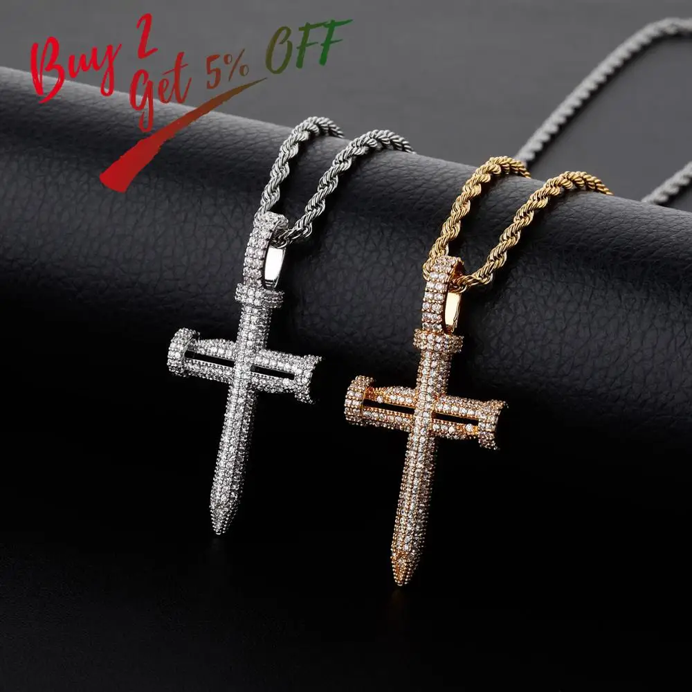 Сверкающее ожерелье с кулоном в виде креста для ногтей мужчин и женщин микро