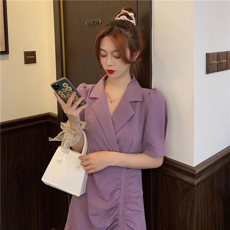 

Summer Office Women's Short-Sleeved Suit Dress Pure Color Pleated Ruffled Elegant Dress Female