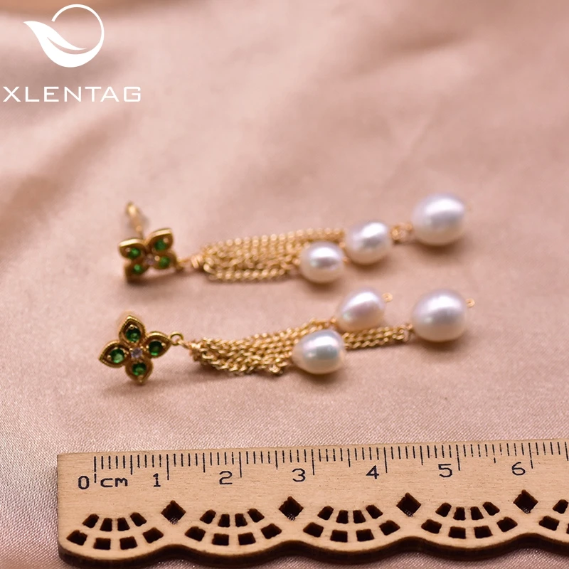 XlentAg Natural Pearl Tassel Pendant Dangle Earrings Green Zircon Women Party Gift Earing Stud Peasonalized Jewelry GE0932 | Украшения и