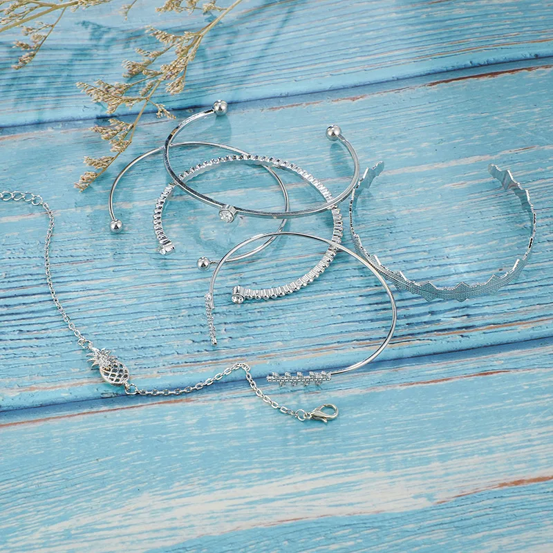 DIEZI 6pcs/set Pineapple Leaves Bracelets &amp Bangles Silver Color Bracelet Sets For Women 2019 New Bohemian Rhinestone Jewelry | Украшения