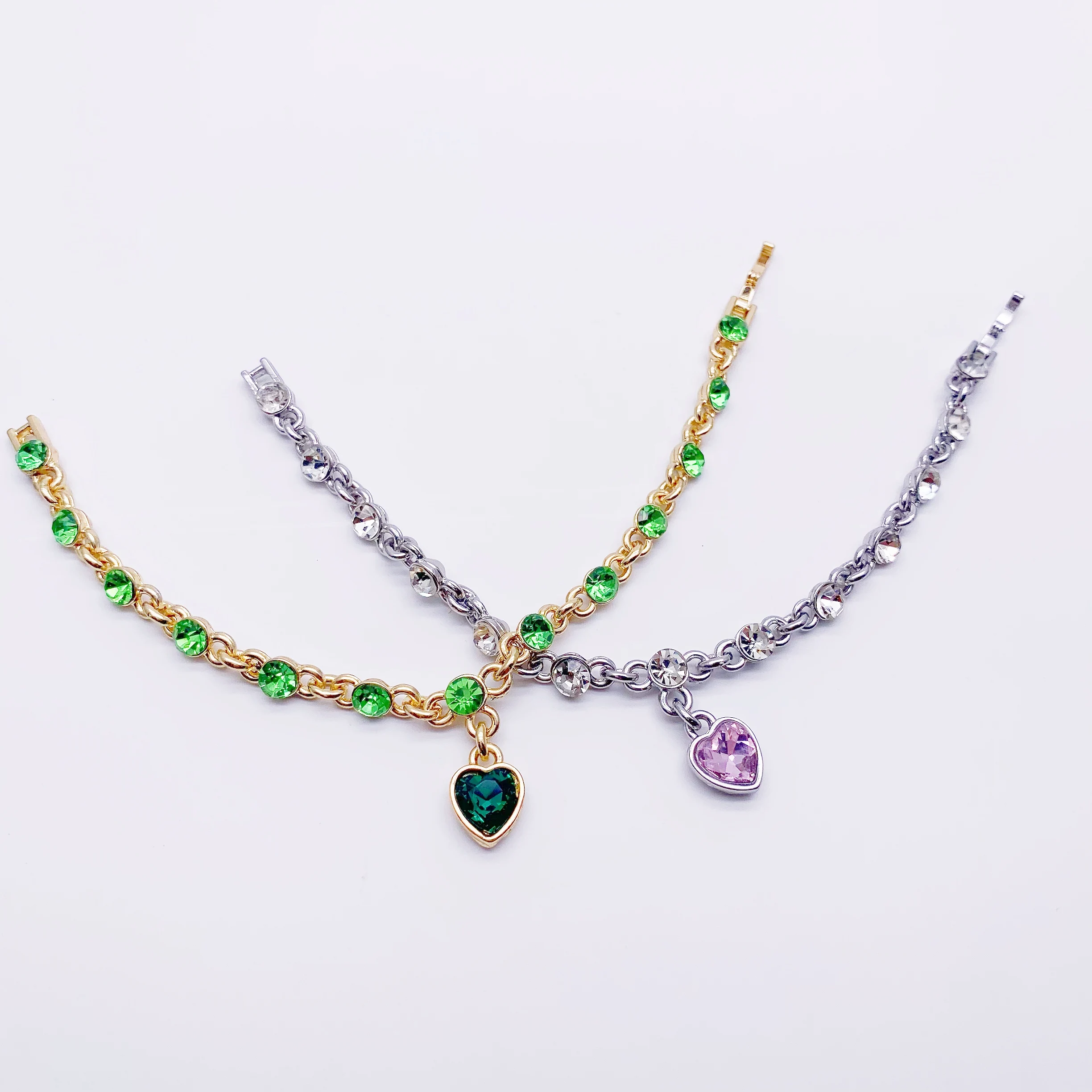 

New gold and Silver Ocean heart boudoir Bracelet H-lock 19cm snake chain Mini Cute Pink Green Heart Pendant Bracelet