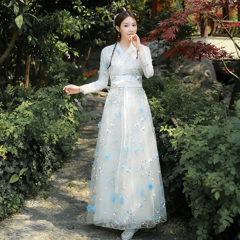 

chinese women beauty Stage dance costume movie tv drama Hanfu chinese dress girl Ancient Chiffon Lace white fairy skirt set