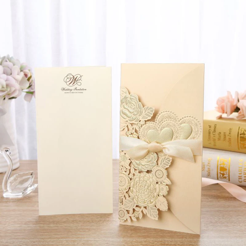 50 шт. Золотая Белая лазерная резка для свадьбы Пригласительные открытки роза