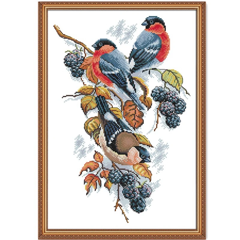 

Red bellies Magpies and blackberries cross stitch kit aida 14ct 11ct count print canvas stitches embroidery handmade needlework