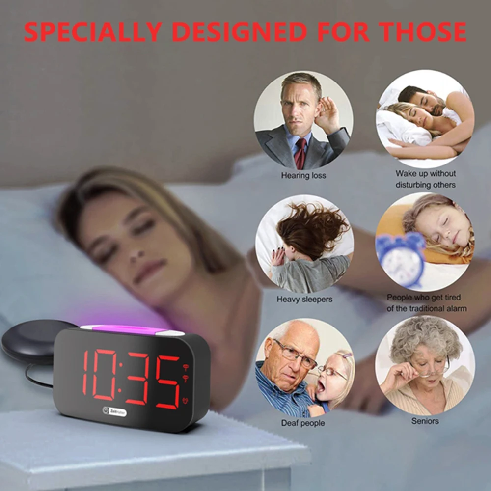 Громкий будильник для тяжелых спящих с вибрацией и подушкой для кровати, ночной свет и функция "повтор" для глухих и слабослышащих.