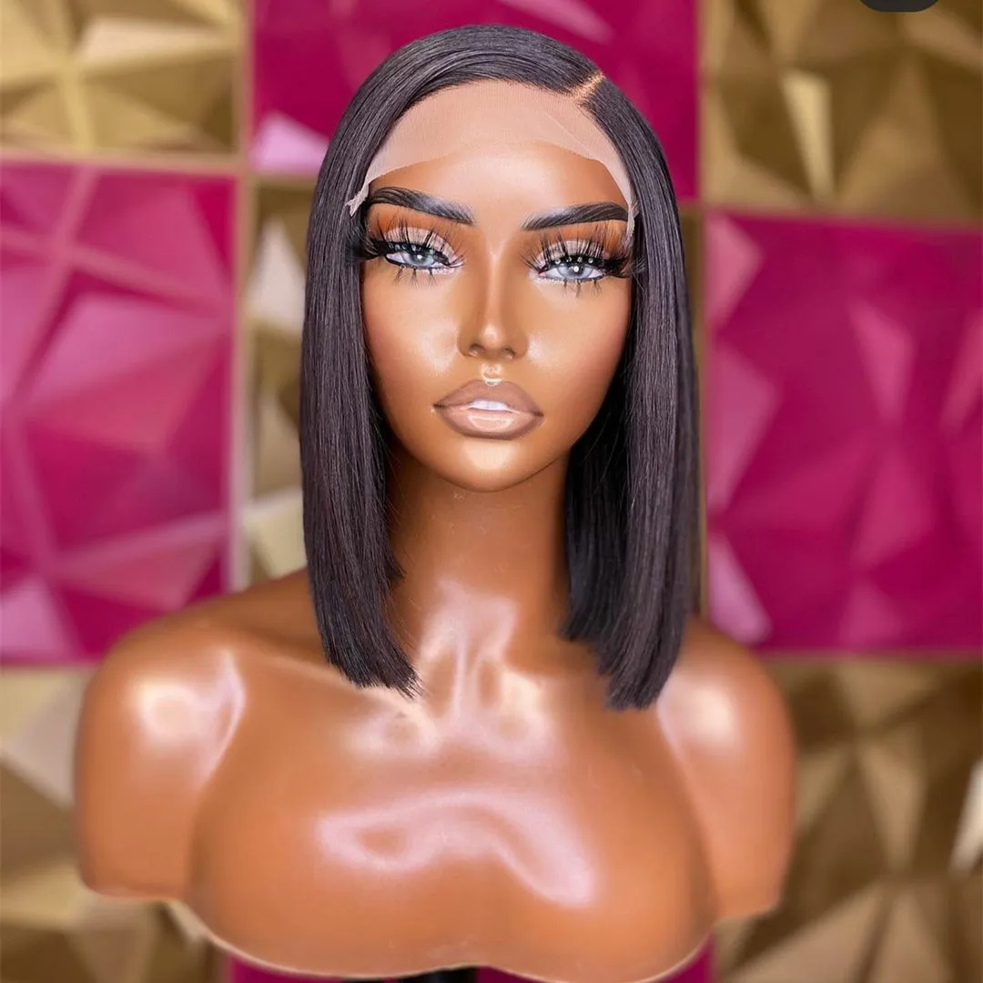 

Средняя часть 12 дюймов 180% Плотность короткий боб прямой синтетический кружевной передний парик для черных женщин Детские волосы термостой...