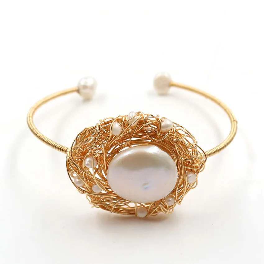 

FYSL Light Yellow Gold Color Wire Wrap Irregular Shape Pearls Open Bangle for Women Charm Jewelry
