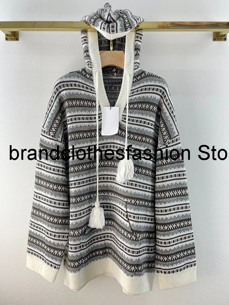 

Женский вязаный свитер с капюшоном, мягкий длинный свободный шерстяной пуловер с геометрическим рисунком в полоску, осень 2021