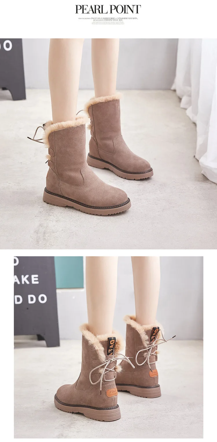 Winter Leather Warm Snow Shoes Women Boots mid-calf Plush Fur Velvet Boots Female shoes Booties Woman Footwear y190