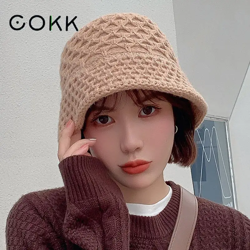 

COKK Women Bucket Hat Knitted Fisherman Cap Autumn Winter Korean Simple Warm Solid Color Outdoor Casual Gorro Bob Chapeu New