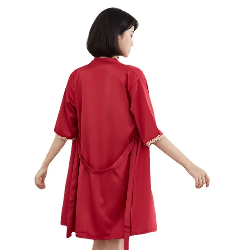 

2PCS Women Robe Set Satin Kimono Gown Lace Patchwork Bathrobe Sexy Nightdress Home Dressing Gown Loose Sleepwear Lingerie