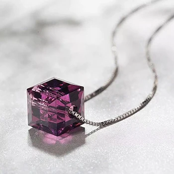 Классические кристаллы от Swarovski кубические бусы ожерелье Подвески 925 пробы Серебряная цепочка Ожерелье s для женщин свадебный шикарный подарок - Окраска металла: Amethyst