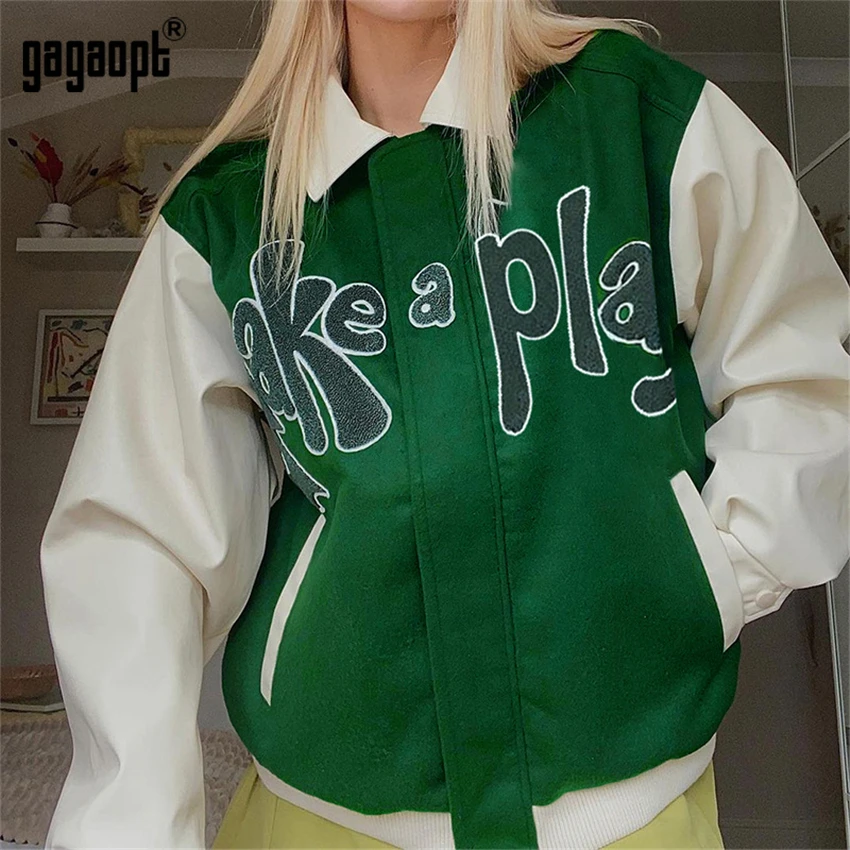 

Gagaopt Vintage Letters Baseball Green Jacket Coat Women Oversized 2021 Autumn New Style Loose Outerwear Cool Girls ins