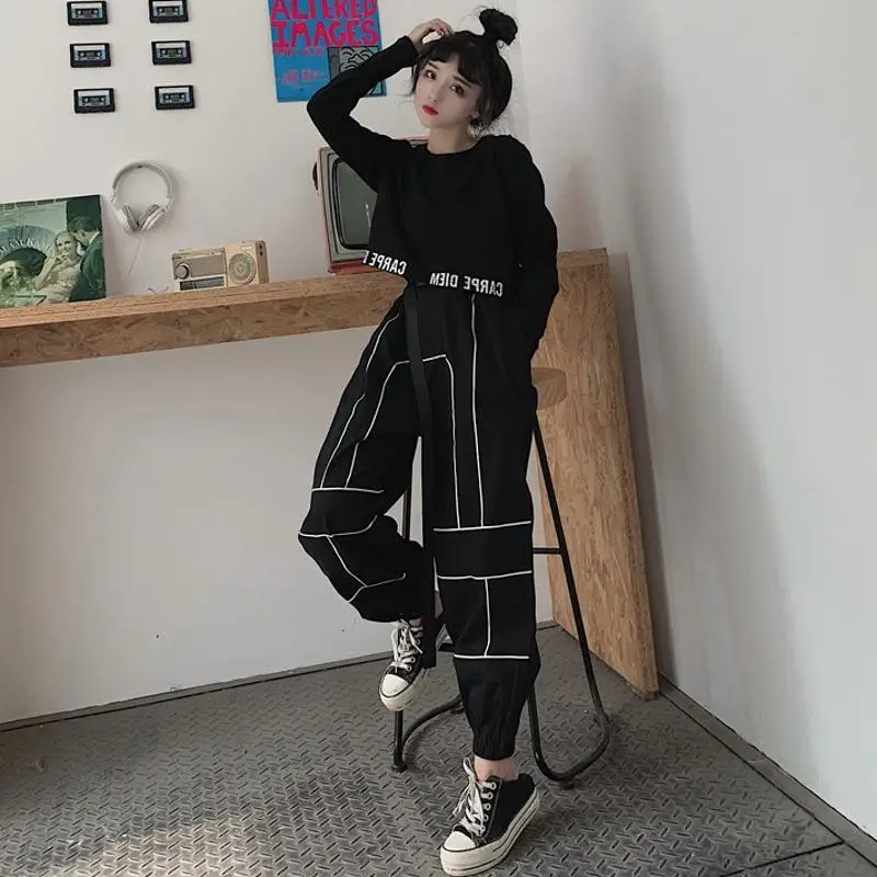 

Black with Belt High Waist Streetwear Cargo Pants Women Harem Pants Hip Hop Streetwear Harajuku Baggy Sport Pants Joggers Women