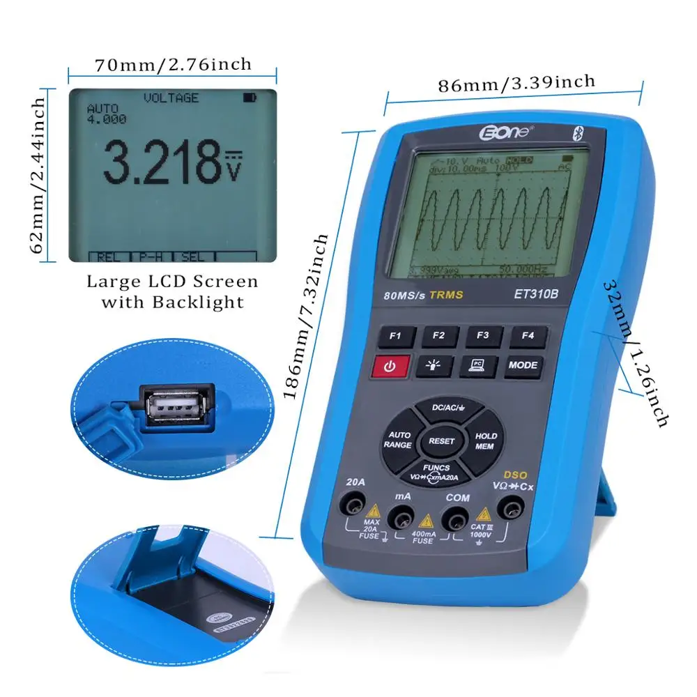 ET310B осциллограф Профессиональный цифровой мультиметр 20 МГц TRMS bluetooth измеритель