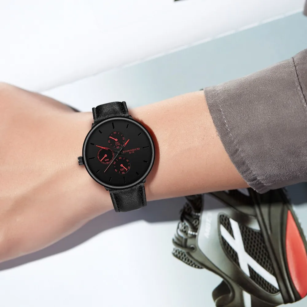 Мужские часы модные черные деловые наручные Простой Кожаный ремешок с тремя