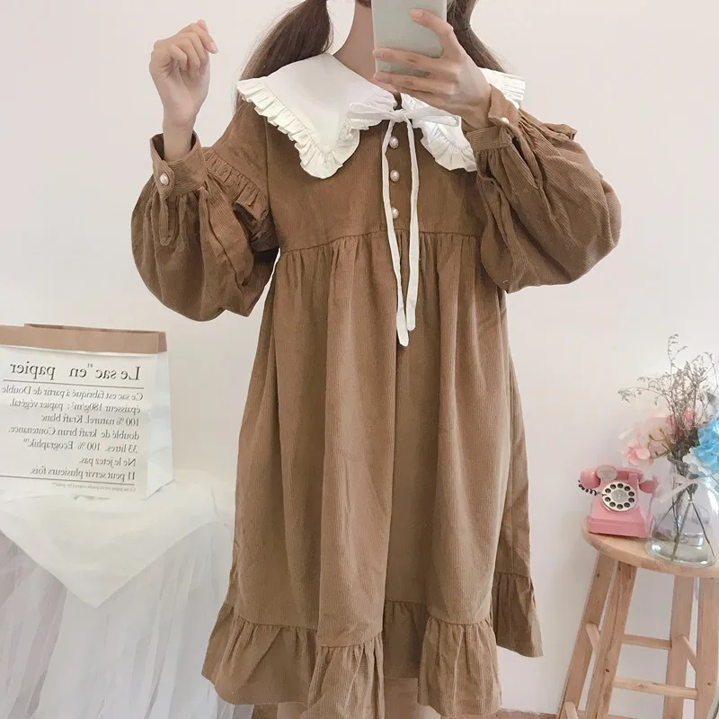 

Осеннее платье в стиле "Лолита", праздничное платье в японском стиле, милое Повседневное платье с темно-синим воротником для девушек, готиче...