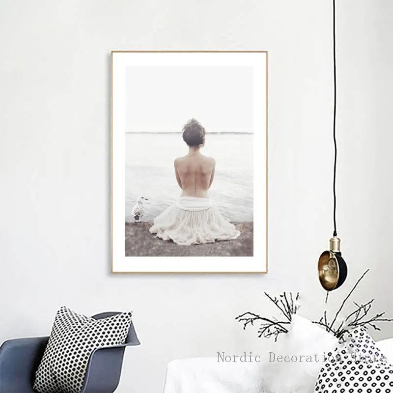 Nordic Sea Beach Beautiful Girl Posters And Prints Birds Wall Art Canvas Painting Two Pictures For Living Room Unframed | Дом и сад