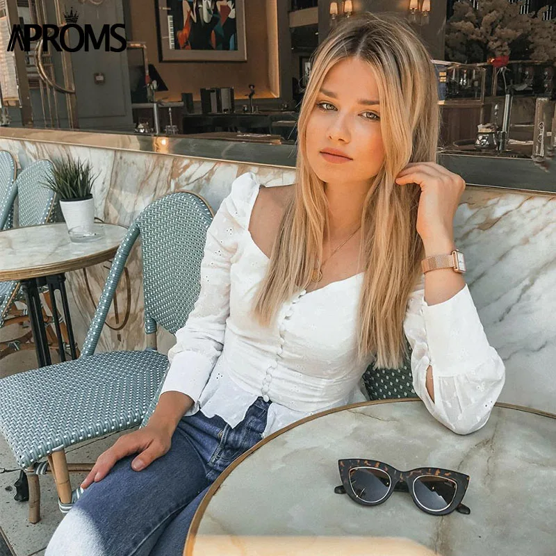 Aproms Сексуальная квадратная шея с длинным рукавом Кружева крючком блузка рубашка