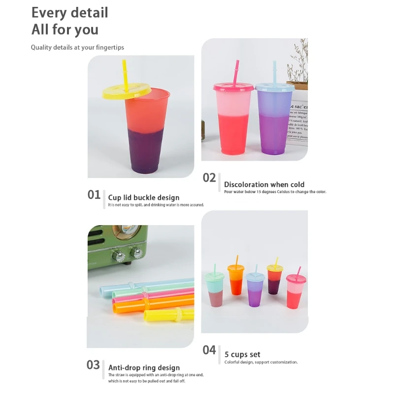 

5 Pcs Temperature Change Color Changing Rainbow Cup with Straw and Lid Reusable 720ml Plastic Cup with Straw Decoration Cup