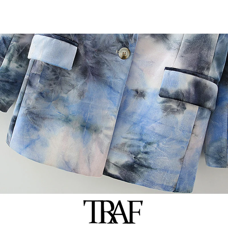 

TRAF Women Fashion Single Button Tie-dye Print Blazer Coat Vintage Long Sleeve Pockets Female Outerwear Chic Tops