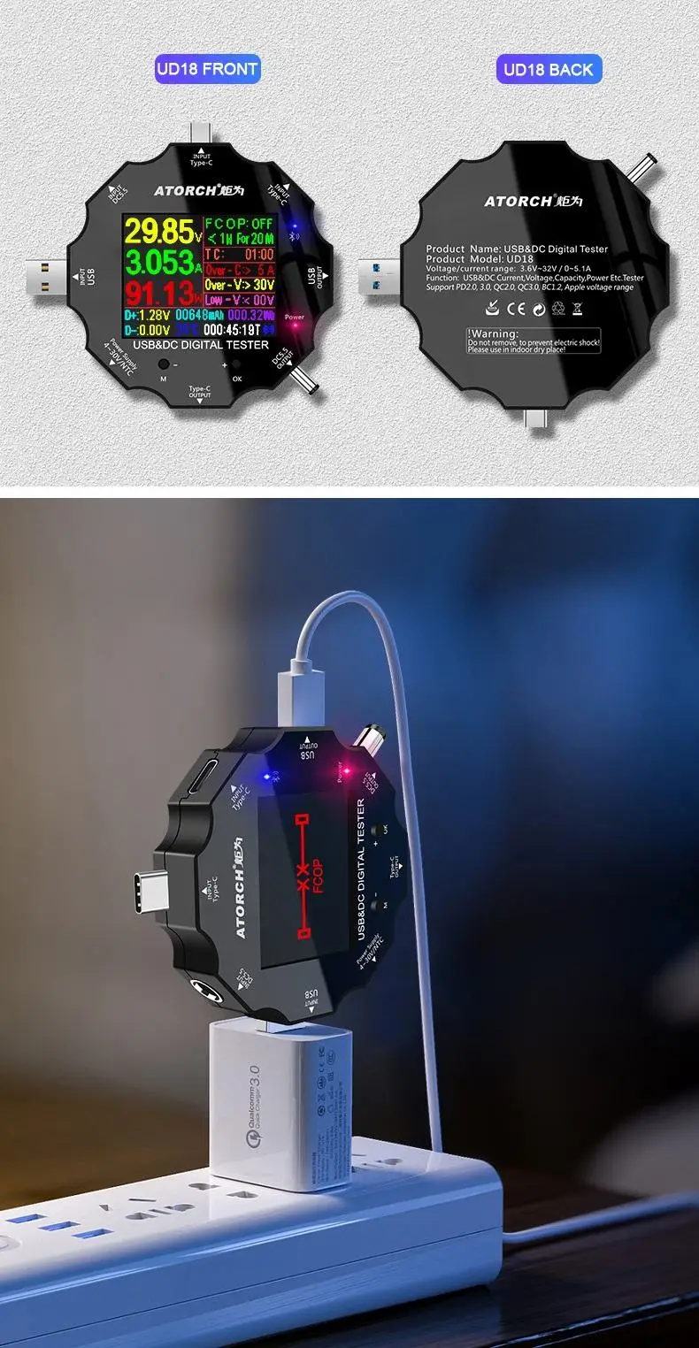 UD18 bluetooth цифровой вольтметр USB3.0/DC/Тип-C 18 в 1 взаимный обмен данными между компьютером и периферийными устройствами тестер приложения DC Вольтметр Амперметр HD Экран 6-Bit Дисплей