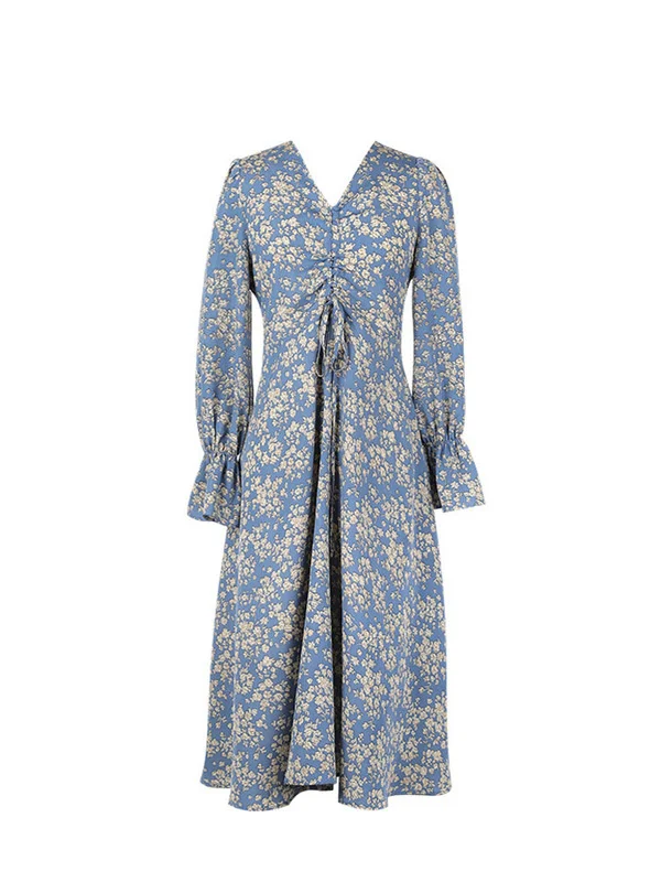 

High Waist over Knee Women's Dress Blue Floral Rac