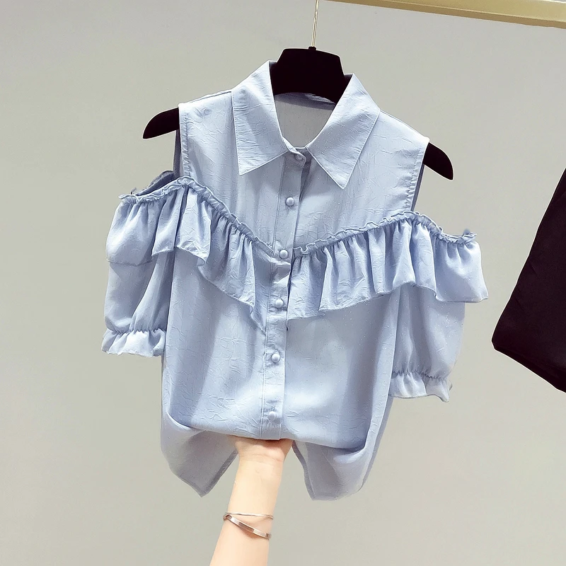 Женская шифоновая блузка с коротким рукавом свободная оборками и открытыми