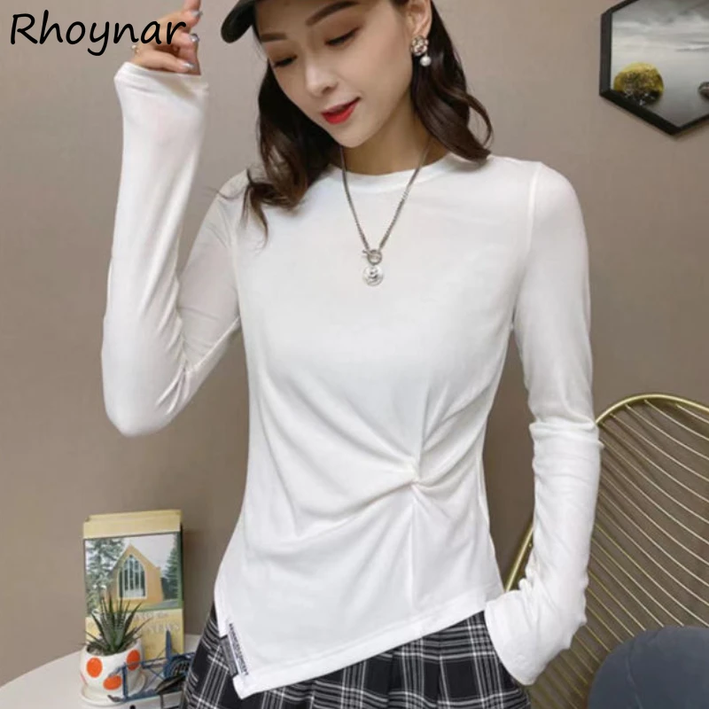 

Футболка женская ассиметричная, повседневный Базовый Топ с длинным рукавом и круглым вырезом, уличная одежда в Корейском стиле