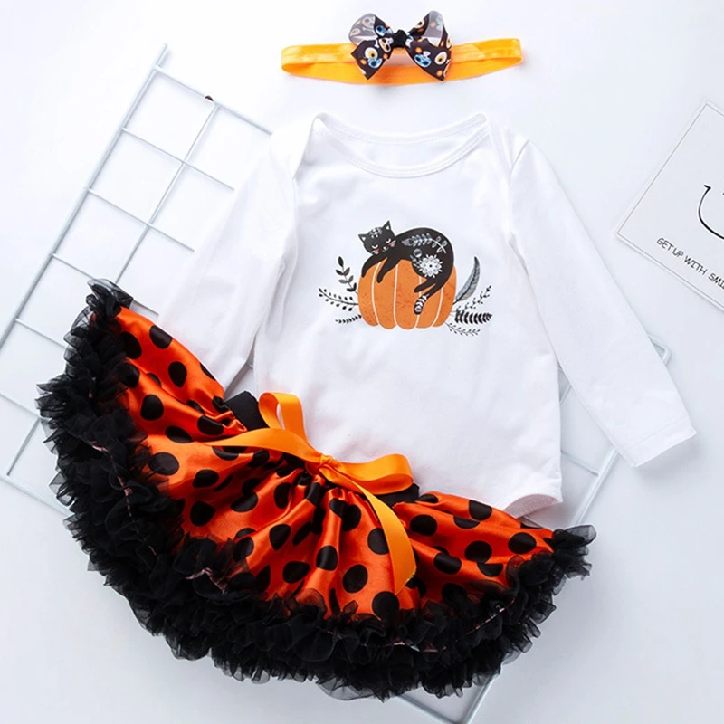 

Halloween New Children's Clothing 0-2 Years Old Baby Long-Sleeved Cartoon Romper Print Tutu Skirt And Head Set New Arrive