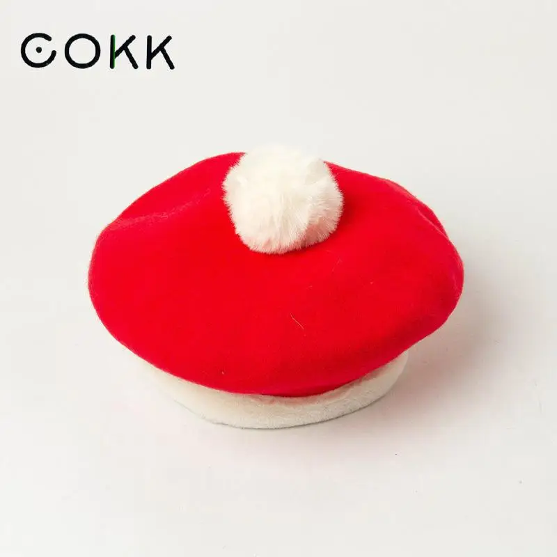 

COKK Wool Beret Autumn Winter Hat Women Lovely Warm Woolen Beret Women Ladies Hats With Faux Fur Pompom Christmas Gift Holiday