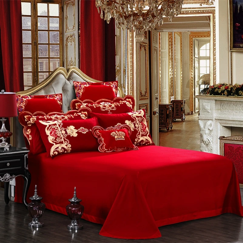 Angel Gold Embroidery Princess Wedding 100% Cotton Bedding Set Luxury Red Duvet Cover Bed Sheet Pillowcases Home Textile | Дом и сад