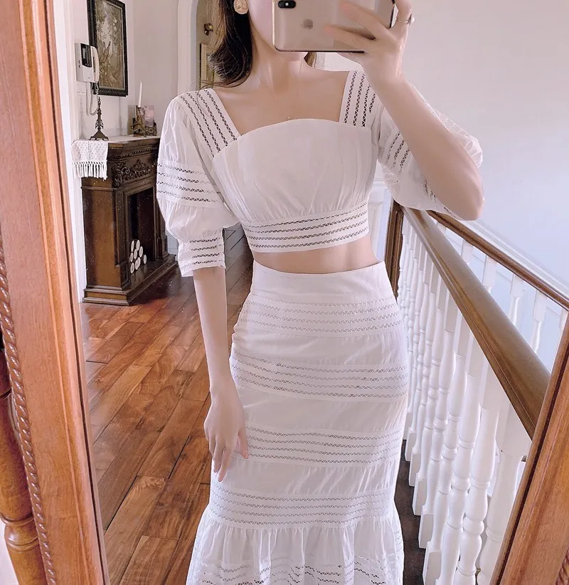 Ladies Holiday Beach White Suit Runway Women Lantern sleeve Hollow Out Crop Tops+Bodycon Bowknot Mermaid Long Skirts 2 Piece set |