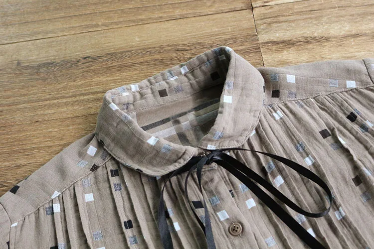 

7298 New Autumn Women Long Shirt Literary vintage Plaid Long Sleeve Peter Pan Collar Loose Casual Women Blouse